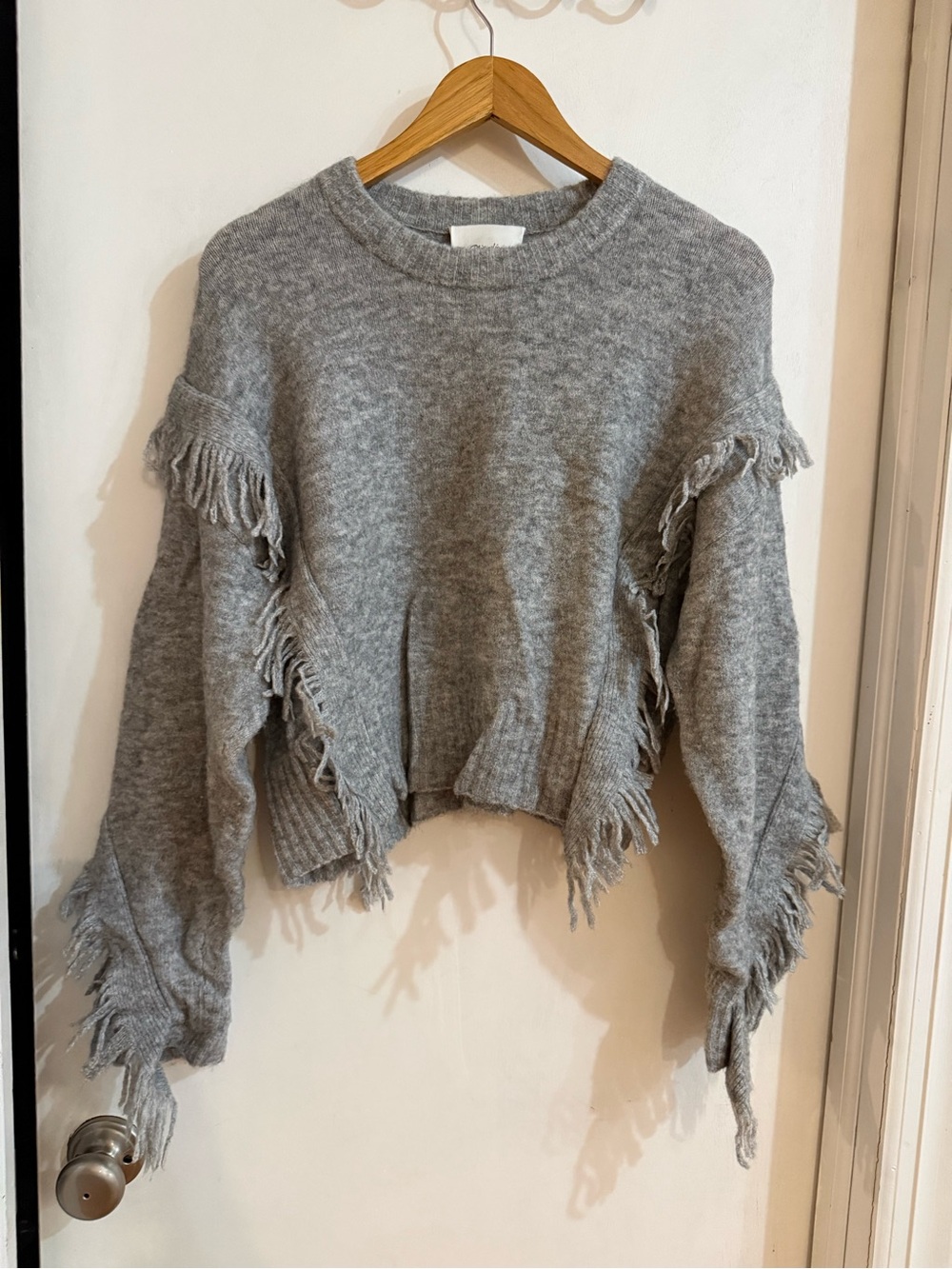 3.1 Philip Lim Fringed Crewneck Sweater in Light Gray